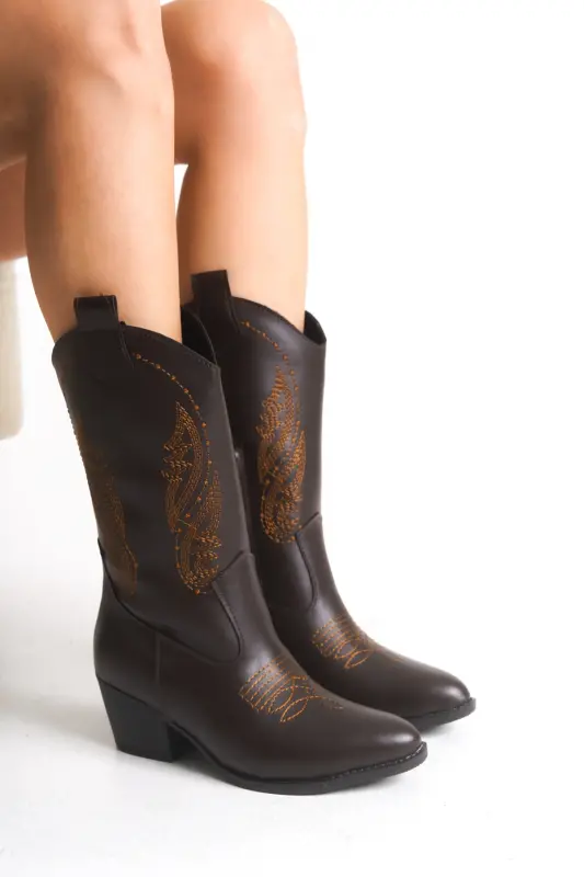 Acı Çikolata Kahve Fermuarlı Nakışlı Western Kovboy Kadın Çizme-Kahve Turuncu - 2