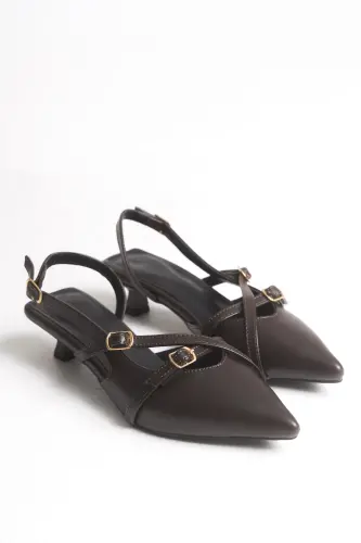 Acı Kahve Cilt Mat Gold Tokalı 3 cm. Kısa Topuklu Kadın Ayakkabı Sivri Burun-Kahve Cilt - 4