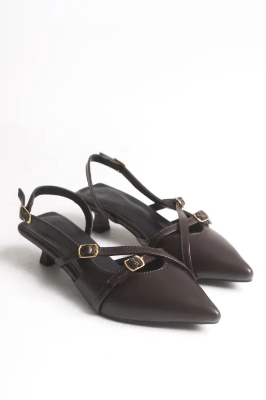 Acı Kahve Cilt Mat Gold Tokalı 3 cm. Kısa Topuklu Kadın Ayakkabı Sivri Burun-Kahve Cilt - 4