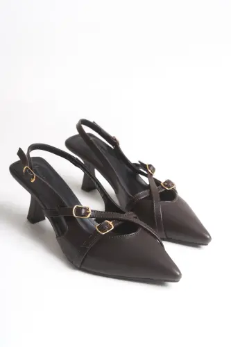 Acı Kahve Cilt Mat Gold Tokalı Topuklu Kadın Ayakkabı Sivri Burun-Kahve Cilt - 4