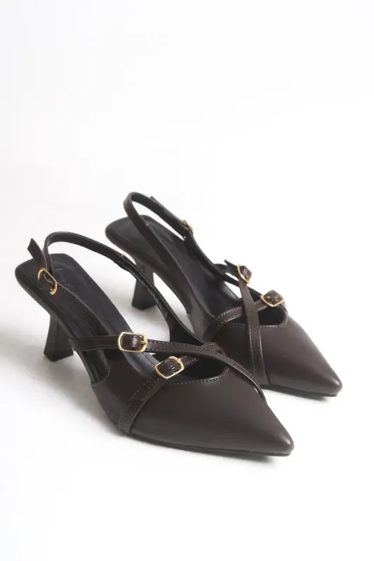 Acı Kahve Cilt Mat Gold Tokalı Topuklu Kadın Ayakkabı Sivri Burun-Kahve Cilt - 4