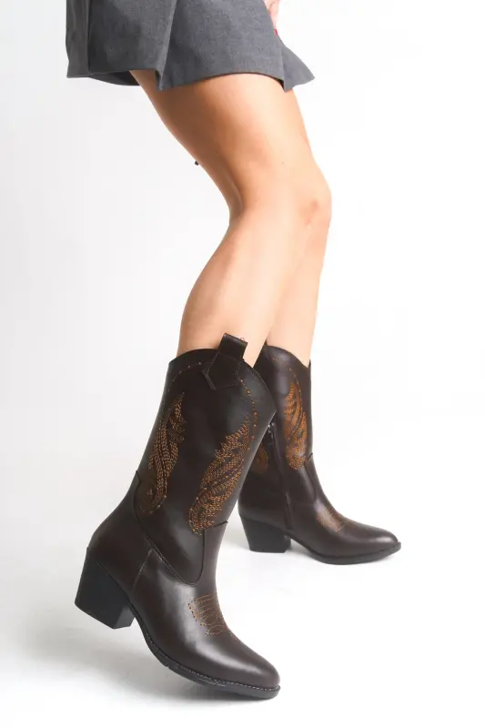 Acı Kahve Nakışlı Fermuarlı Western Kovboy Kadın Çizme-Acı Kahve Oranj - BAK STORE