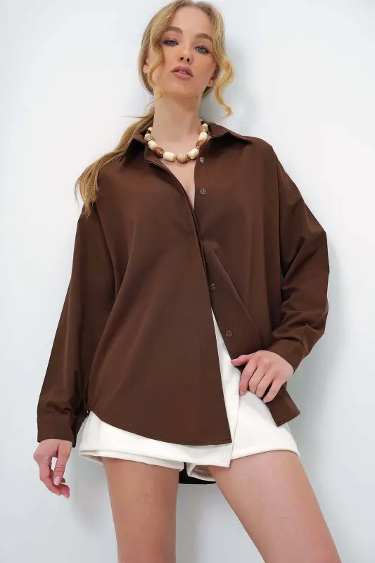 Acı Kahve Oversize Uzun Dokuma Gömlek ALC-X6828 - ACI KAHVE - TREND ALAÇATI STILI