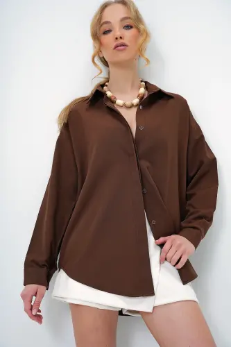 Acı Kahve Oversize Uzun Dokuma Gömlek ALC-X6828 - ACI KAHVE - 3