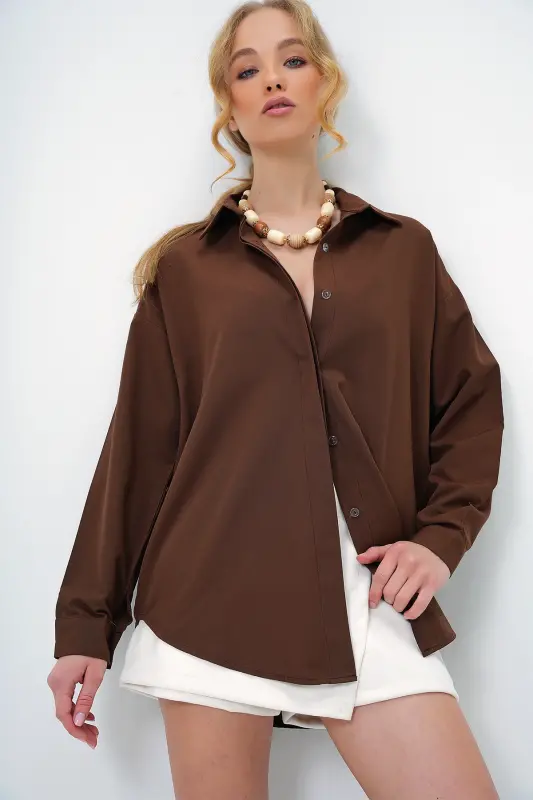 Acı Kahve Oversize Uzun Dokuma Gömlek ALC-X6828 - ACI KAHVE - 3