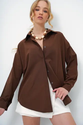 Acı Kahve Oversize Uzun Dokuma Gömlek ALC-X6828 - ACI KAHVE - 4