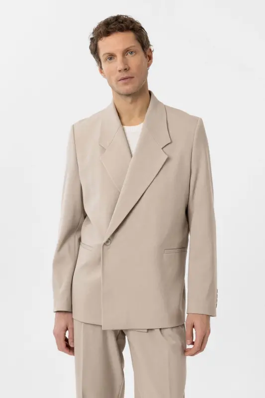 Açık Bej Kruvaze Kapama Fleto Cepli Erkek Blazer Ceket-Açık Bej - ANTIOCH