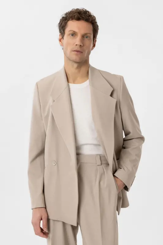 Açık Bej Kruvaze Kapama Fleto Cepli Erkek Blazer Ceket-Açık Bej - 2