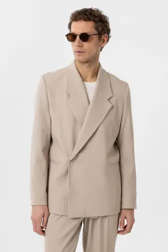 Açık Bej Kruvaze Kapama Fleto Cepli Erkek Blazer Ceket-Açık Bej - 3