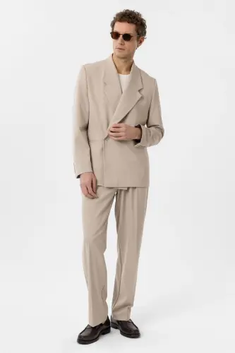 Açık Bej Kruvaze Kapama Fleto Cepli Erkek Blazer Ceket-Açık Bej - 4
