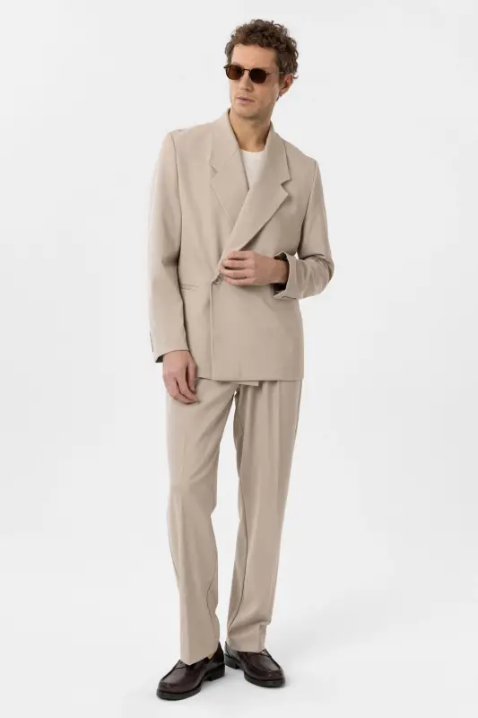 Açık Bej Kruvaze Kapama Fleto Cepli Erkek Blazer Ceket-Açık Bej - 4