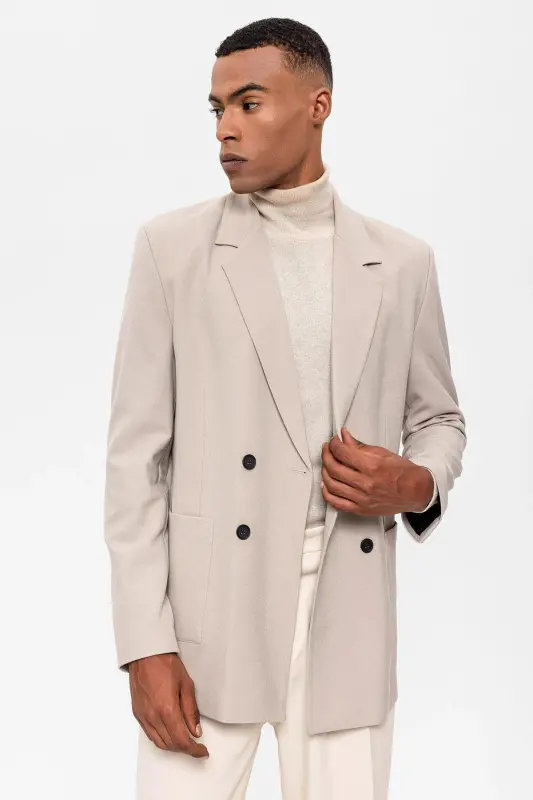 Açık Bej Torba Cepli Kruvaze Erkek Blazer Ceket-Açık Bej - 2