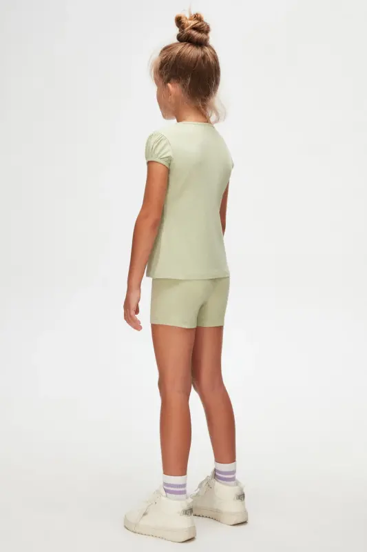 Açık Çağla Yeşil Basic Kız Çocuk Sıfır Yaka Karpuz Kol Tişört-FOG GREEN - 4