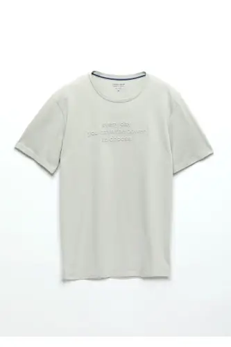 Açık Gri Baskılı Bisiklet Yaka %100 Pamuk T-Shirt - Açık Gri - 5
