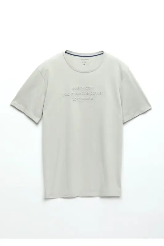 Açık Gri Baskılı Bisiklet Yaka %100 Pamuk T-Shirt - Açık Gri - 5