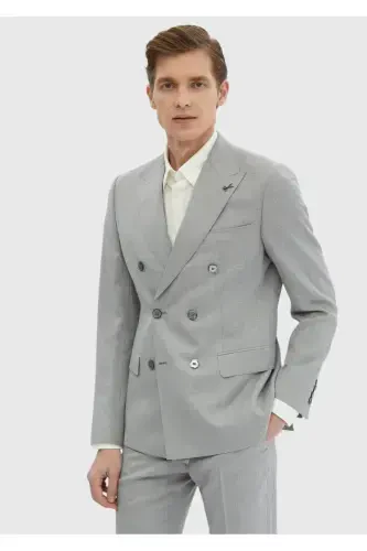 Açık Gri Düz Zeroweight Slim Fit %100 Yün Takım Elbise - 1