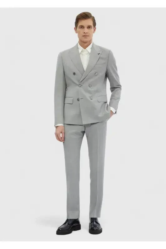 Açık Gri Düz Zeroweight Slim Fit %100 Yün Takım Elbise - 2