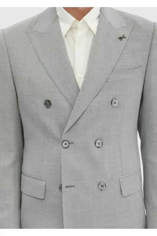 Açık Gri Düz Zeroweight Slim Fit %100 Yün Takım Elbise - 3