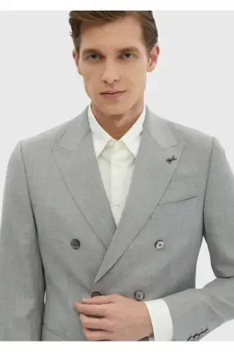 Açık Gri Düz Zeroweight Slim Fit %100 Yün Takım Elbise - 4