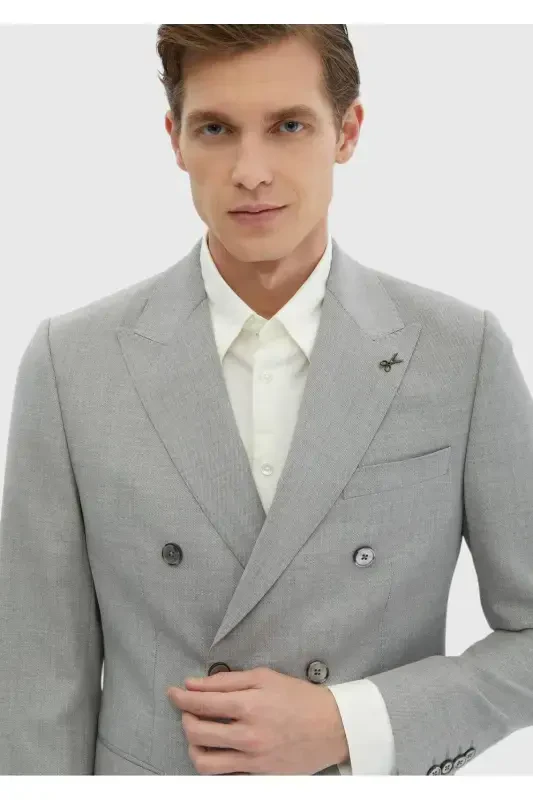 Açık Gri Düz Zeroweight Slim Fit %100 Yün Takım Elbise - 4