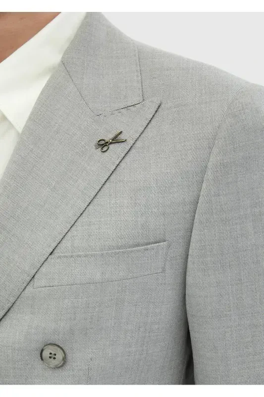 Açık Gri Düz Zeroweight Slim Fit %100 Yün Takım Elbise - 5