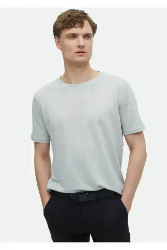 Açık Gri Düz Bisiklet Yaka %100 Keten T-Shirt - RAMSEY