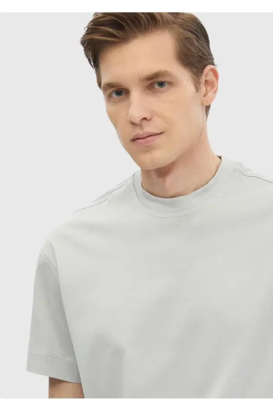 Açık Gri Düz Bisiklet Yaka %100 Pamuk T-Shirt-Açık Gri - 1