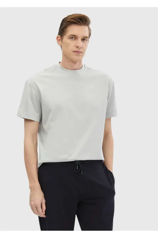 Açık Gri Düz Bisiklet Yaka %100 Pamuk T-Shirt-Açık Gri - 3