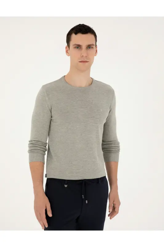 Açık Gri Melanj Slim Fit Bisiklet Yaka Basic Triko Kazak 50296575-VR091 - Açık Gri Melanj - 3