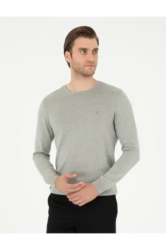 Açık Gri Melanj Slim Fit Bisiklet Yaka Basic Triko Kazak 50296621-VR091 - Açık Gri Melanj - 1