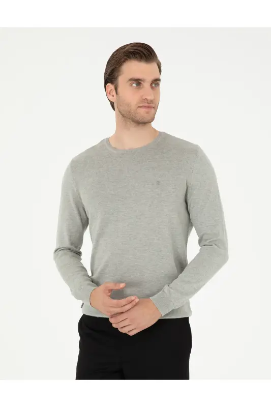 Açık Gri Melanj Slim Fit Bisiklet Yaka Basic Triko Kazak 50296621-VR091 - Açık Gri Melanj - Pierre Cardin