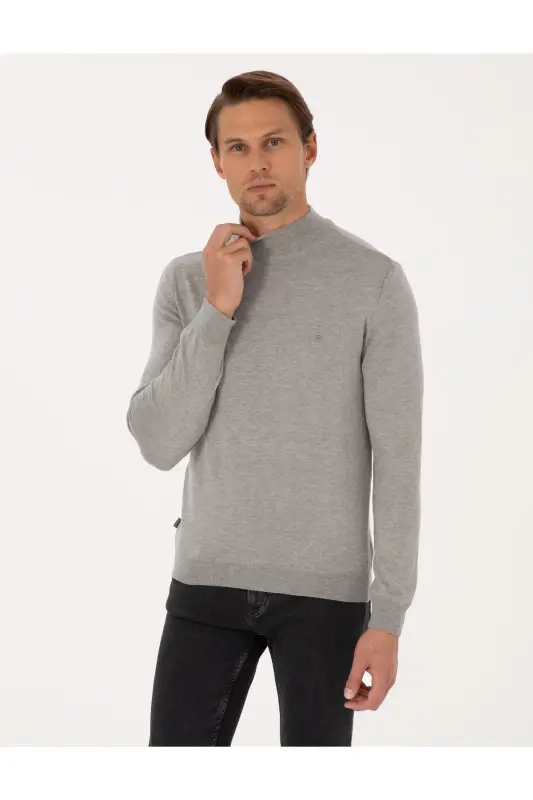 Açık Gri Melanj Slim Fit Yarım Balıkçı Yaka Basic Triko Kazak 50296614-VR091-Açık Gri Melanj - PIERRE CARDIN