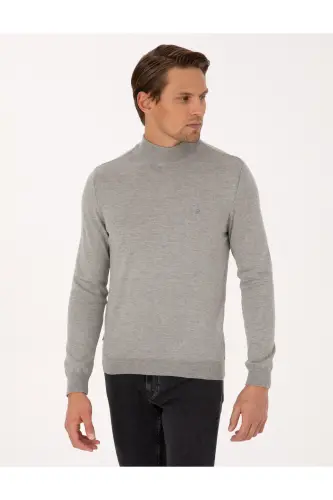 Açık Gri Melanj Slim Fit Yarım Balıkçı Yaka Basic Triko Kazak 50296614-VR091-Açık Gri Melanj - 3