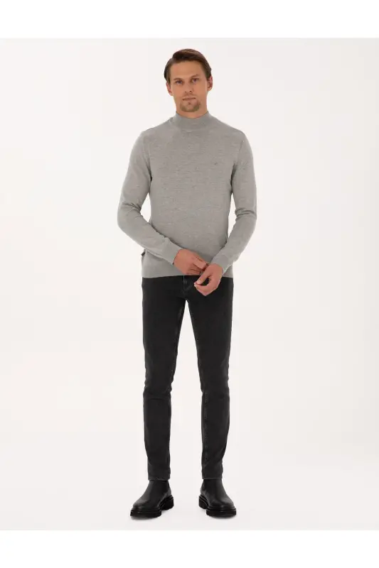 Açık Gri Melanj Slim Fit Yarım Balıkçı Yaka Basic Triko Kazak 50296614-VR091-Açık Gri Melanj - 4
