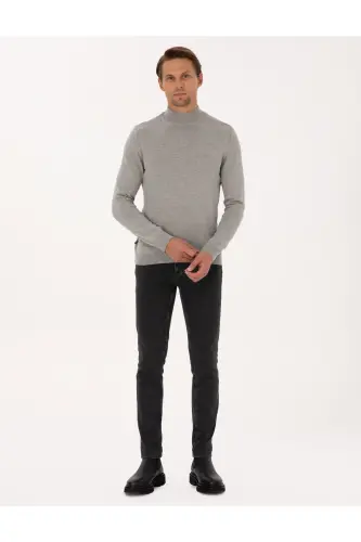 Açık Gri Melanj Slim Fit Yarım Balıkçı Yaka Basic Triko Kazak 50296614-VR091-Açık Gri Melanj - 4