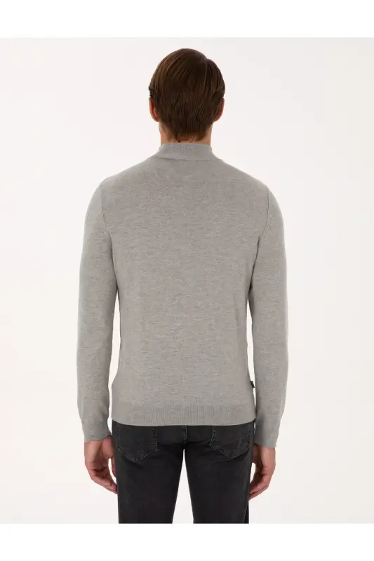 Açık Gri Melanj Slim Fit Yarım Balıkçı Yaka Basic Triko Kazak 50296614-VR091-Açık Gri Melanj - 5