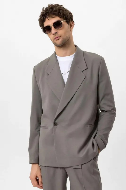 Açık Haki Kruvaze Kapama Fleto Cepli Erkek Blazer Ceket-Açık Haki - 1