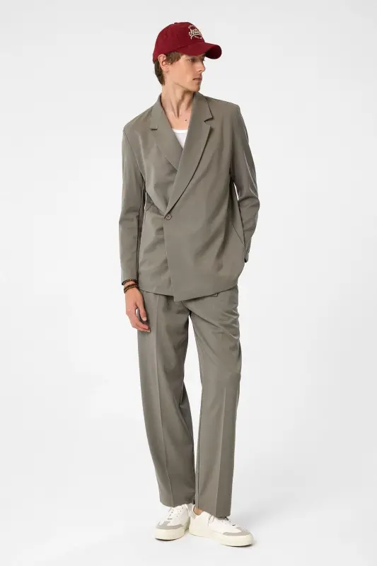 Açık Haki Kruvaze Kapama Gizli Cep Erkek Blazer Ceket-Açık Haki - 3