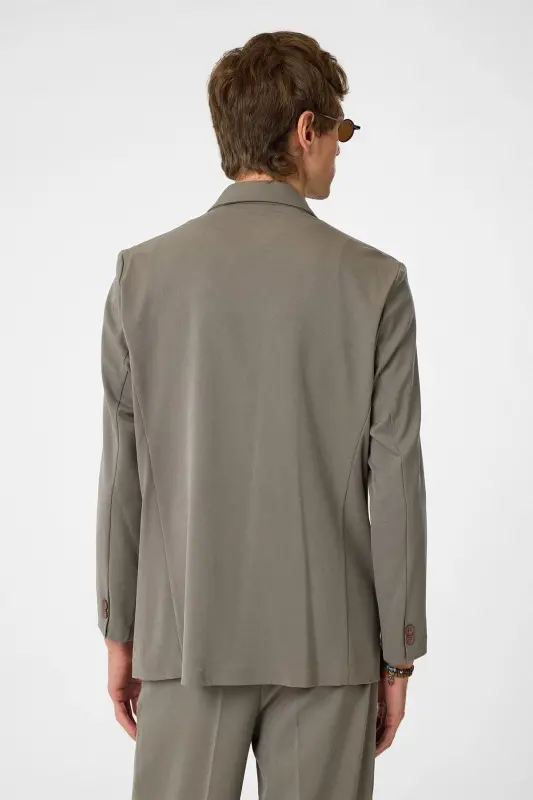 Açık Haki Kruvaze Kapama Gizli Cep Erkek Blazer Ceket-Açık Haki - 5