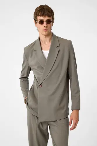 Açık Haki Kruvaze Kapama Gizli Cep Erkek Blazer Ceket-Açık Haki - 1