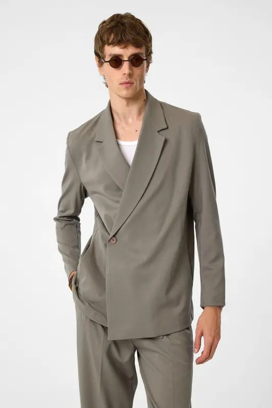 Açık Haki Kruvaze Kapama Gizli Cep Erkek Blazer Ceket-Açık Haki - 1