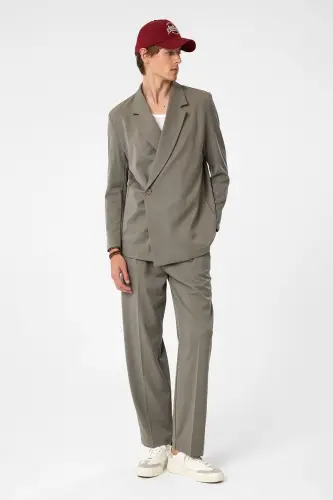 Açık Haki Kruvaze Kapama Gizli Cep Erkek Blazer Ceket-Açık Haki - 3