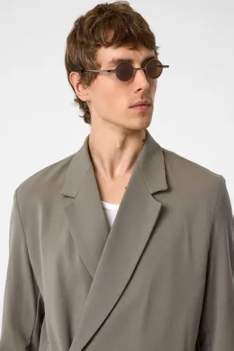 Açık Haki Kruvaze Kapama Gizli Cep Erkek Blazer Ceket-Açık Haki - 4