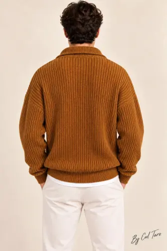Açık Hardal Erkek Oversize Fermuarlı Balıkçı Triko Kazak - AÇIK HARDAL - 3