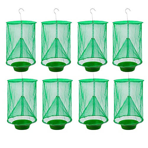 Ranch Fly Trap Outdoor Hanging Reusable with Fishing Apparatus | Food Bait Tray Catcher Cage for Indoor or Outdoor Family Farms, Park (8 Pack) - 1
