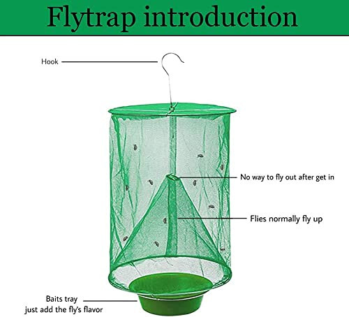 Ranch Fly Trap Outdoor Hanging Reusable with Fishing Apparatus | Food Bait Tray Catcher Cage for Indoor or Outdoor Family Farms, Park (8 Pack) - 3