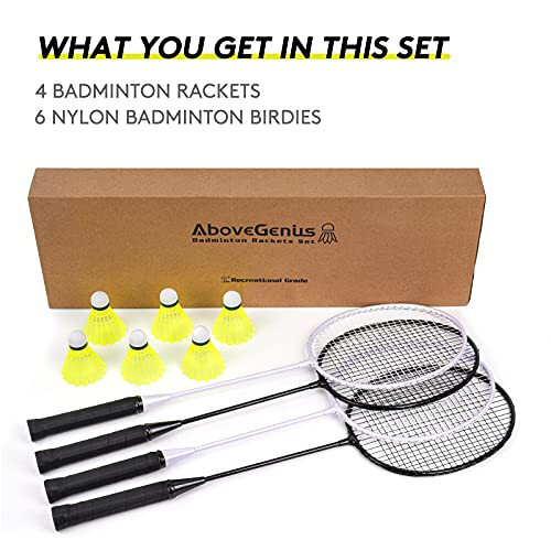 Açık Hava Bahçe Oyunları İçin 4'lü AboveGenius Badminton Raket Seti, 4 Raket, 6 Naylon Badminton Topu Dahil, Başlangıç Seviyesi İçin Hafif Badminton Raketleri - 4