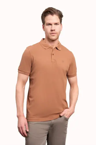 Açık Kahve Basic Düz %100 Pamuk Slim Fit Dar Kesim Kısa Kollu Polo Yaka Erkek Tişört 