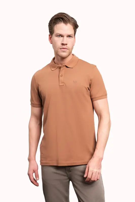 Açık Kahve Basic Düz %100 Pamuk Slim Fit Dar Kesim Kısa Kollu Polo Yaka Erkek Tişört - 3