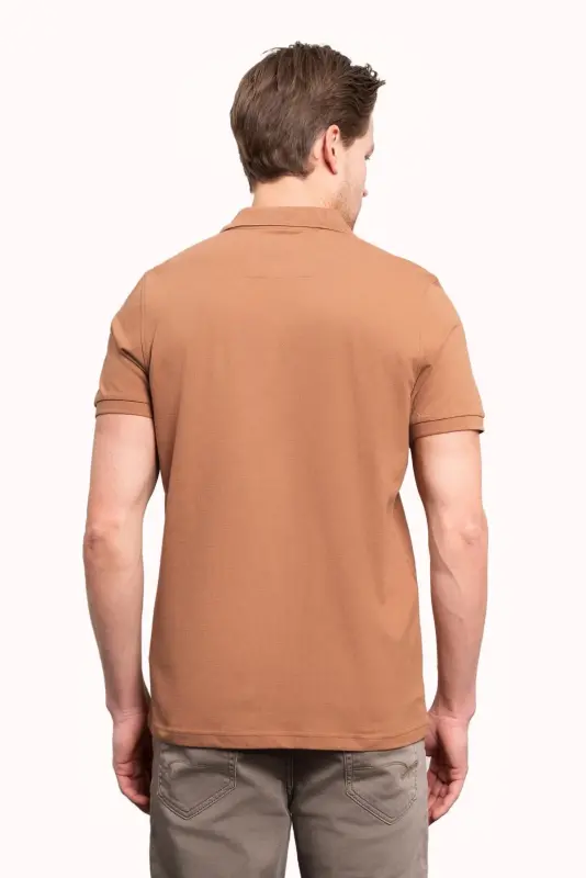 Açık Kahve Basic Düz %100 Pamuk Slim Fit Dar Kesim Kısa Kollu Polo Yaka Erkek Tişört - 5